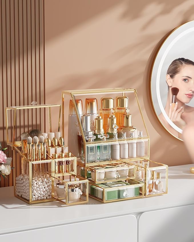 Clear Makeup Organizer with Gold Frame – Countertop Vanity Organizer for Skincare, Lipsticks, Perfume & Brushes – Bathroom Cosmetic Storage Display Box