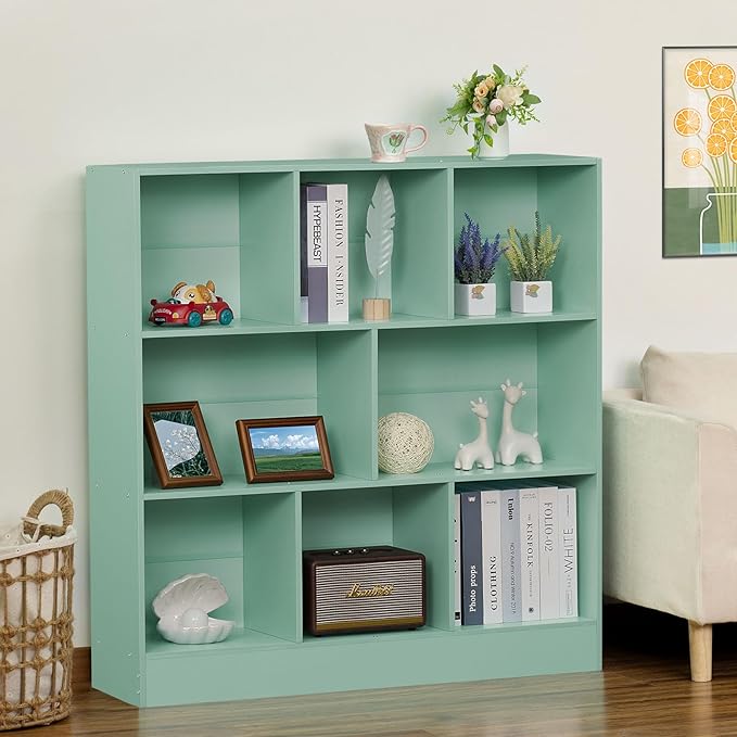 LEYAOYAO 8 Cube Bookshelf with Base,3 Tier Modern Mint-Green Kids Bookcase,Standing Wide Bookshelves Storage Organizer Toy Shelf,Wood Display Children's Book Shelves for Bedroom,Living Room,Nursery