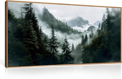 HOURIA Boho Forest Mountain Framed Canvas Wall Art Set,Nature Foggy Woodland Ridge Wall Decor,Misty Pine Tree Artwork,Sage Green Botanical Art Prints for Living Room, Bedroom, Farmhouse- 20"×40"×1
