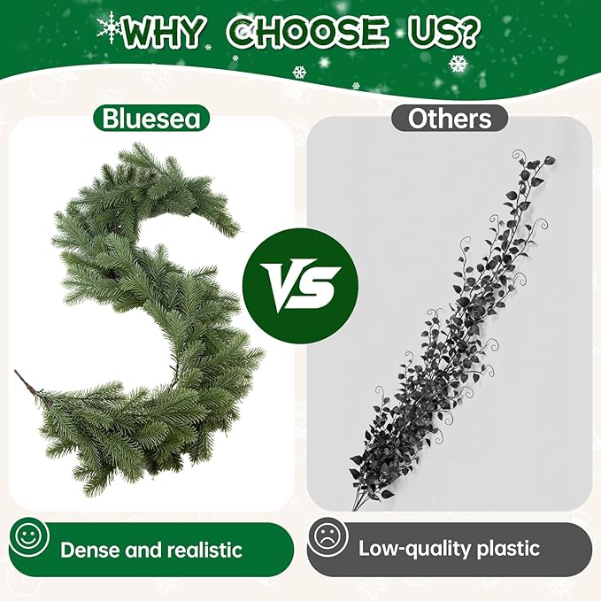 Bluesea 9FT Christmas Norfolk Pine Garland, Real Touch Pine, Faux Greenery Garland for Fireplace,Table, Stairs, Mantle, Window,Indoor Outdoor,Home,Holiday Decor（1 Pcs