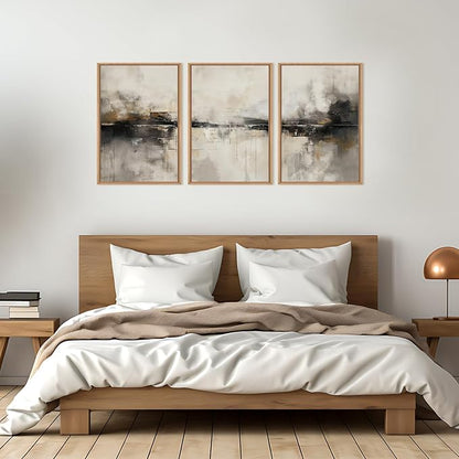 HOURIA Large Neutral Black Brown Framed Canvas Wall Art Set,Abstract Gray Wall Decor,Minimalist Beige Wall Painting,Modern Illustrations Tan Art Print for Living Room, Bedroom, Office- 24"x36"x3