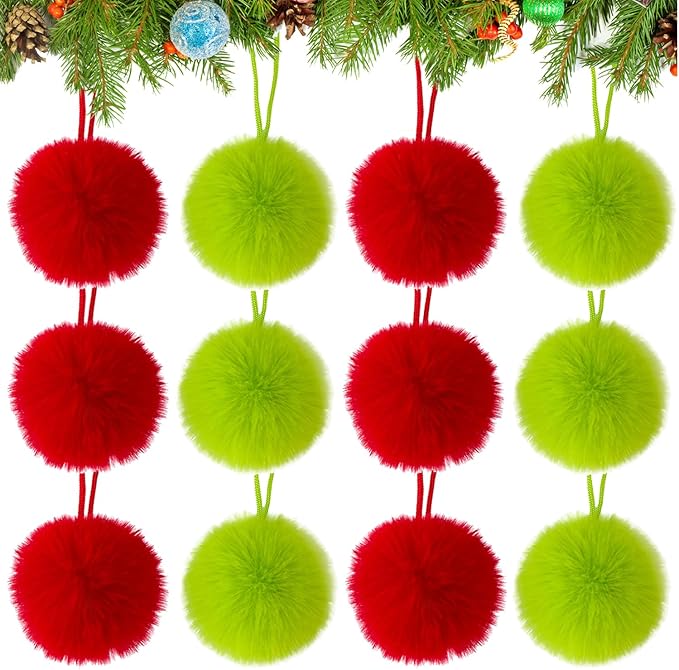 12 Pack Lime Green and Red Furry Christmas Ball Ornaments, 2.36 Inches Soft Fluffy-Pom-Pom Xmas Tree Hanging Decor for Holiday Home Party Fireplace Wall Decoration