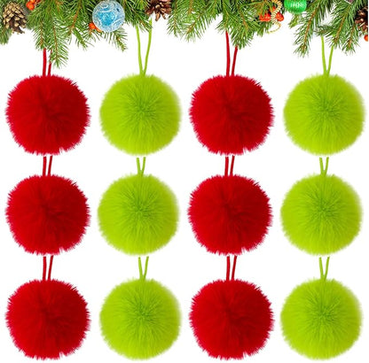 12 Pack Lime Green and Red Furry Christmas Ball Ornaments, 2.36 Inches Soft Fluffy-Pom-Pom Xmas Tree Hanging Decor for Holiday Home Party Fireplace Wall Decoration