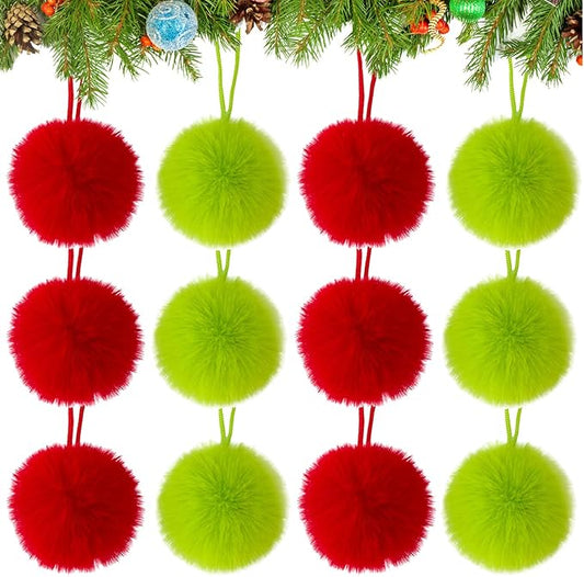 12 Pack Lime Green and Red Furry Christmas Ball Ornaments, 2.36 Inches Soft Fluffy-Pom-Pom Xmas Tree Hanging Decor for Holiday Home Party Fireplace Wall Decoration