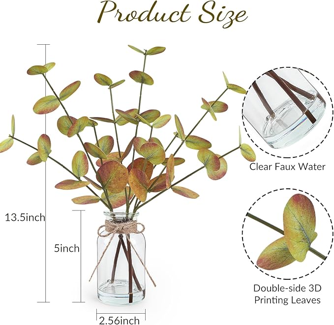 Fall Fake Eucalyptus Stems in Glass Vase with Faux Water 14" Fake Fall Plants with Artificial Eucalyptus Leaves Fall Decorations