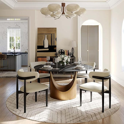 POVISON Round Dining Table for 4, 51" Matte Black Sintered Stone Top Dining Table with Bronze Carbon Steel Pedestal, Modern Dining Room Table for Kitchen, Living Room (Table Only)