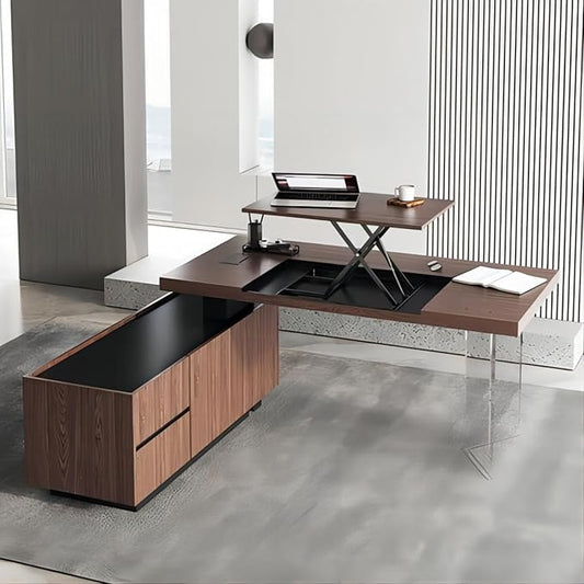 homary 71.5" Modern L-Shaped Desk, Home Executive  Office Desk with Lift-Top & Storage Cabinet Walnut Productivity & Ergonomic Comfort Standing Desk for Study, Home Office, Office