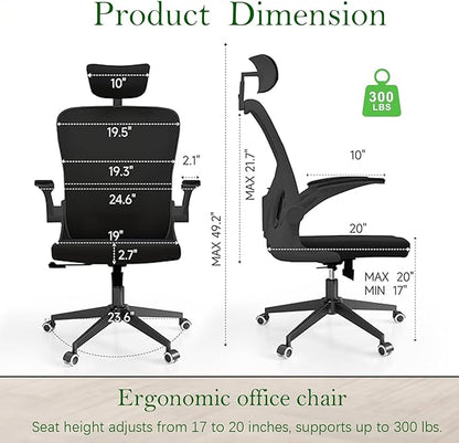 Ergonomic Office Chair, High-Back Mesh Desk Chair with Adjustable Height, Lumbar Support, Flip-Up Armrests,headrest，and Swivel Rolling Design for Home and Office Use
