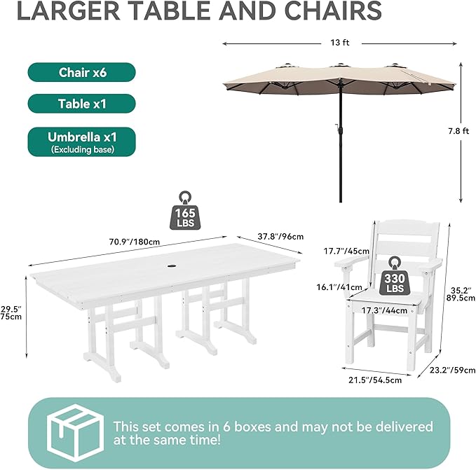 YITAHOME 8 Piece Patio Dining Set w/13 ft Double-Sided Patio Umbrella, HDPE Outdoor Dining Set w/71 Rectangular Patio Dining Table & 6 Dining Chairs, All Weather for Deck Lawn Porch,White