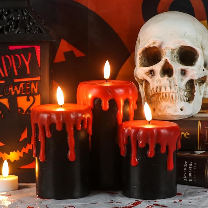 Eldnacele Black Flameless Pillar Candles Battery Operated with 6H Timer, Red Real Wax Dripping Effect 3D Wick Flickering LED Candle Lights Dinner Halloween Decoration(3 Pack, 3 x 4,5,6 Inches)