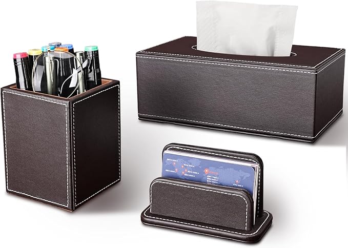 KINGFOM 3PCS/SET Desk Organizers and Accessories, Pu Leather Office Supplies Organization Set with Tissue Holder, Pencil Holder and Business Name Cards Stand Brown