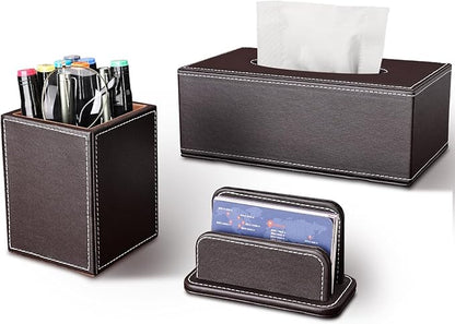 KINGFOM 3PCS/SET Desk Organizers and Accessories, Pu Leather Office Supplies Organization Set with Tissue Holder, Pencil Holder and Business Name Cards Stand Brown
