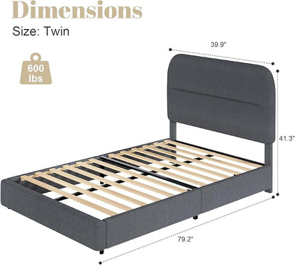 Twin Bed Frame Twin with Rounded Headboard, Soft Modern Twin Size Boucle with Thickened Footboard, Rounded Corners, No Box Spring Needed, Easy Assembly, Grey