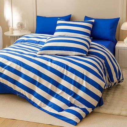 CLOTHKNOW Striped Comforter Set King 3Pcs Blue White Bedding Comforter Sets Blue White Stripes Comforter King All Season Lightweight Bed Set King