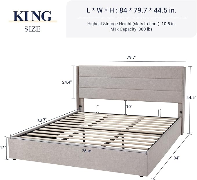 Allewie King Size Lift Up Storage Bed, Modern Wingback Headboard, Hydraulic Support, No Box Spring Needed, Light Beige