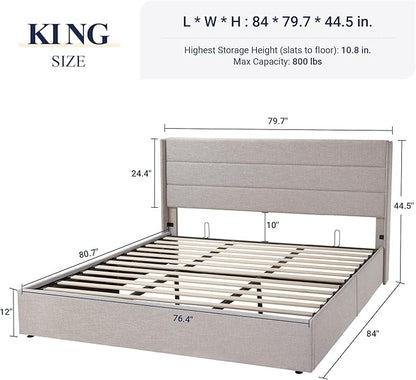 Allewie King Size Lift Up Storage Bed, Modern Wingback Headboard, Hydraulic Support, No Box Spring Needed, Light Beige