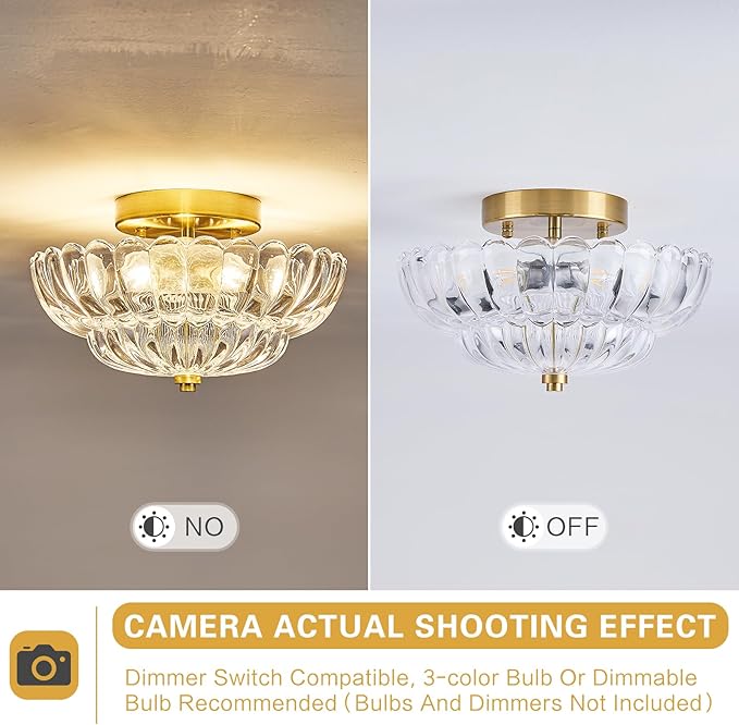 Mid Century Modern Gold Semi Flush Mount Ceiling Light Fixture,3 Lights Flower Glass Close to Ceiling Lighting Fixtures for Bedroom Hallway Kitchen Foyer Bathroom Closet Laundry Room 11.8 inch