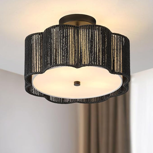 Rattan Ceiling Light Fixtures Flush Mount,3-Light Boho Light Fixtures Ceiling Mount for Bedroom,Close to Ceiling Light Modern Rattan Chandelier Lighting for Hallway Kitchen Dining Room(Black)