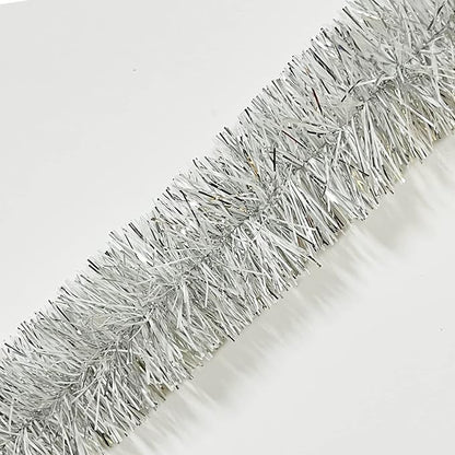 25 ft Long Roll Silver & White Tinsel Twist Garland, Shiny Metallic Foil Decorations for Halloween, Parade Floats, Christmas Eve, New Year Parties (4" x 25' roll, Silver & White)