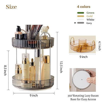 Aveniee 360° Rotating Makeup Organizer for Vanity, Upagraded Perfume Skincare Bathroom Counter Organizers with Brush Divider, Two Tier Spinning Lipstick Cosmetic Lotion Storage,Grey