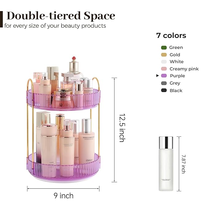 Aveniee Rotating Makeup Organizer for Vanity, Perfume Skincare Organizers Spinning, 2 Tier Bathroom Countertop Storage, Cosmetics Lipstick Holder for Counter Dresser,Purple