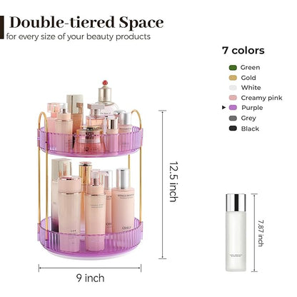 Aveniee Rotating Makeup Organizer for Vanity, Perfume Skincare Organizers Spinning, 2 Tier Bathroom Countertop Storage, Cosmetics Lipstick Holder for Counter Dresser,Purple