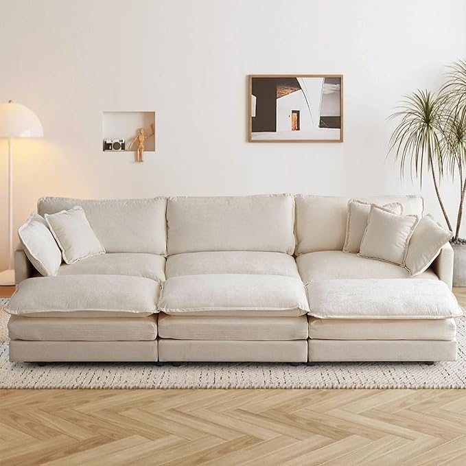 SoarFlash Chenille Sectional Sofa, Comfy Modular Coush Sofa with Ottoman, Modern 3 Seat Recliner Deep Seat Sofa Set for Living Room,Light Coffee