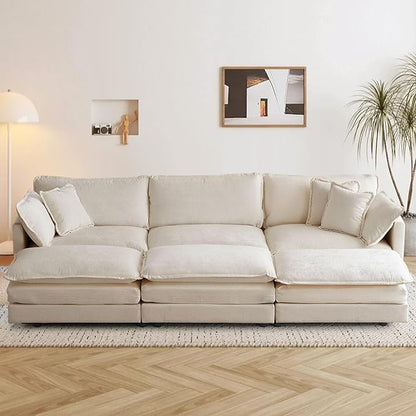 SoarFlash Chenille Sectional Sofa, Comfy Modular Coush Sofa with Ottoman, Modern 3 Seat Recliner Deep Seat Sofa Set for Living Room,Light Coffee