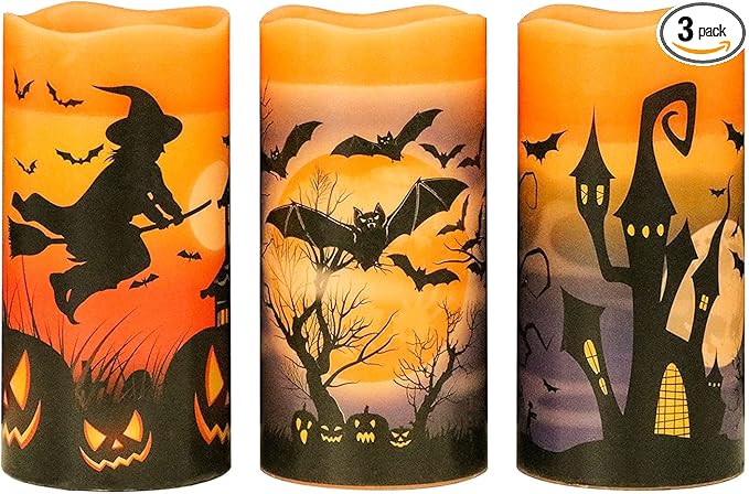 Eldnacele Halloween Flameless Flickering LED Candles with 6-Hour Timer, Battery Operated Wax Candles Assorted Decals Witch, Bats, Castle Set of 3 for Decoration