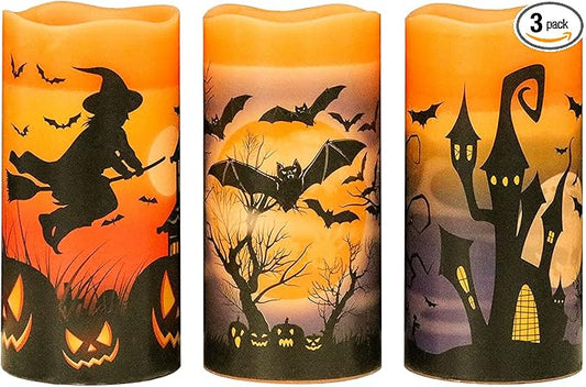 Eldnacele Halloween Flameless Flickering LED Candles with 6-Hour Timer, Battery Operated Wax Candles Assorted Decals Witch, Bats, Castle Set of 3 for Decoration