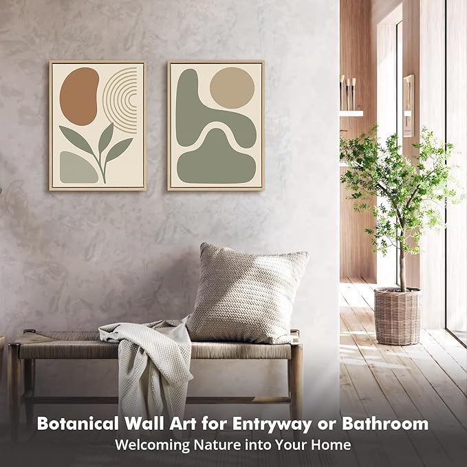 DAJONART Boho Abstract Wall Art Set of 2, Sage Green & Burnt Orange Geometric Prints Duo Framed Canvas for Japandi, Mid Century Modern, Neutral Room Decor,Minimalist Earth-Tone Art,12x16 in