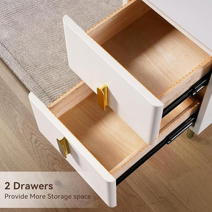 homary Modern Narrow Night Stand, Off White Nightstand with 2 Drawer, Beige Bedside Table in Gold Legs for Bedroom