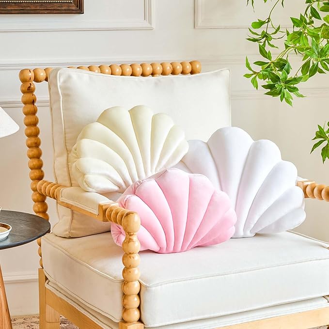 Pink Seashell Throw Pillows, Shell Shaped Throw Pillows, 13 Inch Soft Velvet Home Decorative Pillow Plush Cushion for Bed Couch Living Room Decor Accent Throw Pillow