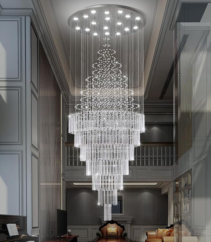 W40 x H120 Glam Chandelier with LED Bulbs Crystal Raindrop High Ceiling Pendant Light for Entrance Large Villa Chandelier Foyer Lighting Fixtures Silver