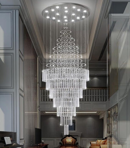 W40 x H120 Glam Chandelier with LED Bulbs Crystal Raindrop High Ceiling Pendant Light for Entrance Large Villa Chandelier Foyer Lighting Fixtures Silver