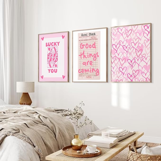 Lucky You Pink Wall Art Guest Check Preppy Wall Decor Trendy Aesthetic Canvas Wall Art Funky Poster Cute Picture Prints Inspirational Artwork for Room Bedroom 12x16 Inch Unframed Set of 3