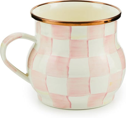 MACKENZIE-CHILDS Enamel Mug, Cute Enamelware Coffee and Tea Mug, Unique Drinkware, 16 Ounces, Pink-and-White Rosy Check, Set of 1