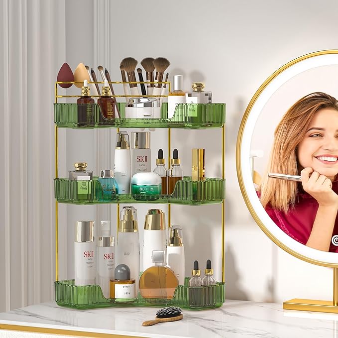 SUNZOS 3-Tier Corner Bathroom Counter Organizer, Bathroom Organizer Countertop with Makeup Brush Holder, Vanity Makeup Cosmetic Storage, Corner Storage Organizers for Dresser