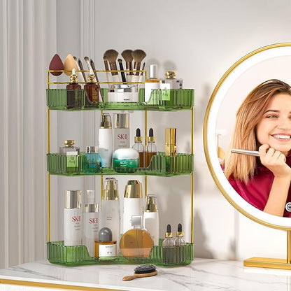 SUNZOS 3-Tier Corner Bathroom Counter Organizer, Bathroom Organizer Countertop with Makeup Brush Holder, Vanity Makeup Cosmetic Storage, Corner Storage Organizers for Dresser