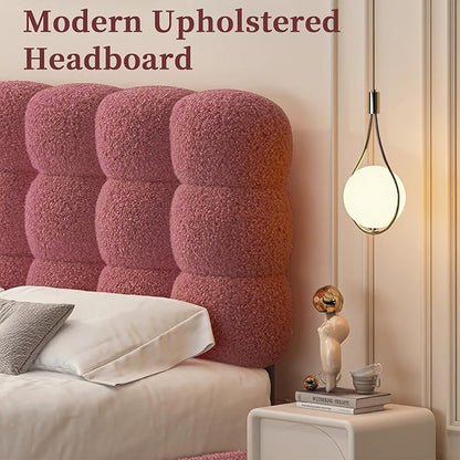 BarnFurin Full Size Bed Frame with Upholstered Headboard, Teddy Soft Boucle Fabric Platform, Bed with Strong Wooden Slats Support, Two Bed Forms Design, No Boxing Spring Needed, Easy Assembly, Rose