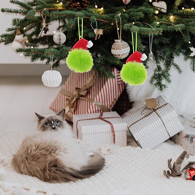 TOYANDONA 10PCS Faux Fur Pom Pom Ball - Furry Christmas Ball Ornaments with Santa Hat Tree Christmas Hanging Decorations for Party Supply Fireplace Mantel Wall Decor