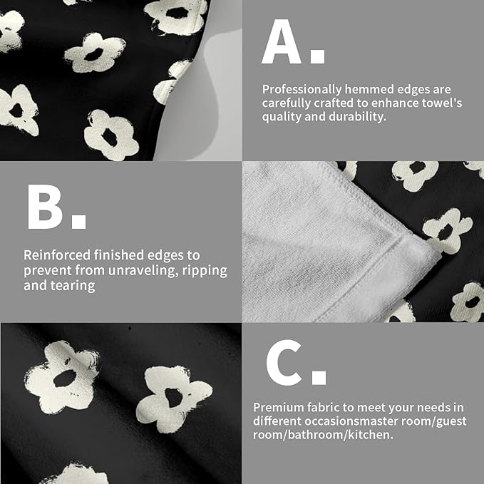 Modern Style Kitchen Towels Set of 2 Black Floral Dish Towels Quick Dry Microfiber