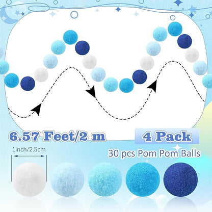 MARFOREVER 4 Pack 26.3 FT Hanukkah Pom Pom Garland, 30 Balls Blue White Winter Chanukkah Garland Hanging Supplies for Hanukkah Jewish Classroom Fireplace Wall Birthday Baby Shower Party Decoration