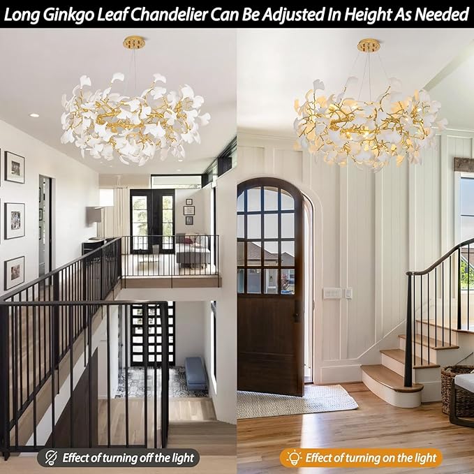 Modern Gold and White Tree Branches Chandeliers for Living Room, 48''Modern Rounde Ceramic Ginkgo Leaf Chandelier, Dining Room Chandelier Over Table, for Foyer, Bathroom, Bedroom