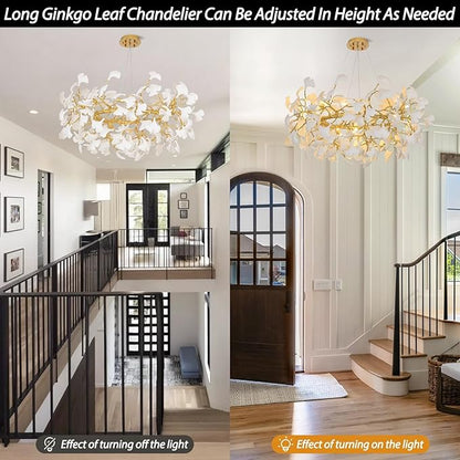 Modern Gold and White Tree Branches Chandeliers for Living Room, 48''Modern Rounde Ceramic Ginkgo Leaf Chandelier, Dining Room Chandelier Over Table, for Foyer, Bathroom, Bedroom