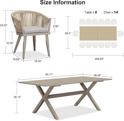 PURPLE LEAF 16 Pieces Outdoor Dining Set with Patio Aluminium Rectangular Dining Table and Wicker Chairs Modern Furniture Cushions Sets for Backyard Indoor Decor Kitchen Champagne