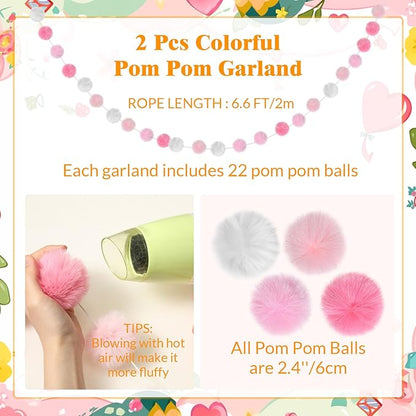 2 Pack Large Pom Poms Garland Hanging Decorations Colorful Soft Faux Rabbit Fur Ball Garland for Easter Xmas Holiday Wedding Baby Shower Birthday Party Supplies(Pink,2.36 Inch)