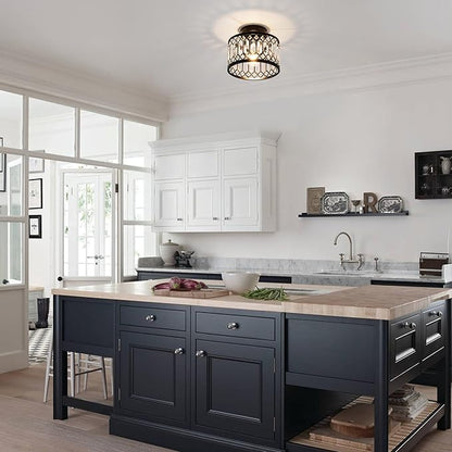 Crystal Ceiling Light Fixture, Modern Semi Flush Mount Ceiling Light,Crystal for Kitchen Bedroom Bathroom Entryway Black (Bulb not Included)