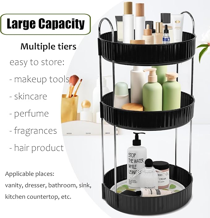 Rotating Makeup Organizer Countertop 3 Tier Lazy Susan Spinning Skincare Perfume Storage for Bathroom Counter Vanity, Black