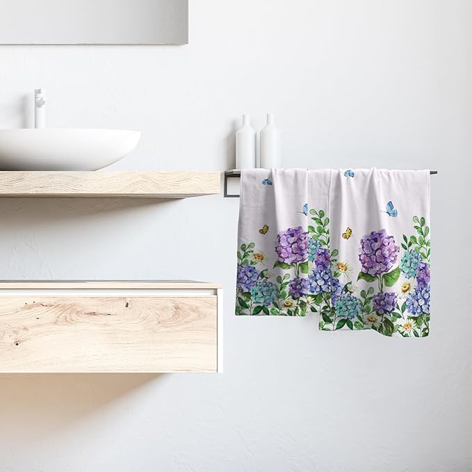 Hydrangea Daisy Kitchen Towels Set of 2 Blue Purple Floral Butterfly Absorbent Hand Tea Dish Towels Green Leaf 16x24 Tabletop Decor